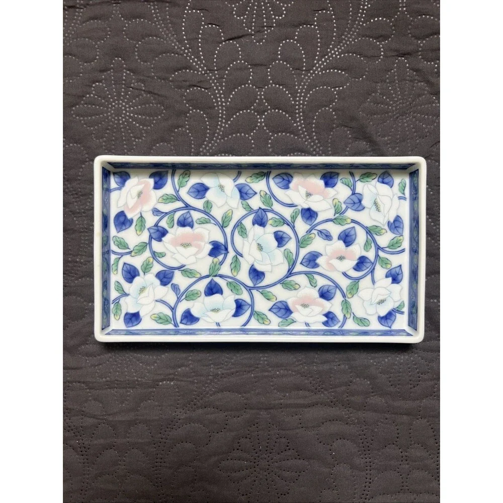 VTG Japanese Porcelain Rectangular Tray Lotus Floral Pink Blue Design Trinket